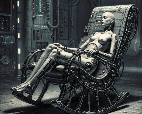 Humanoid Robot in Futuristic Rocking Chair Setting