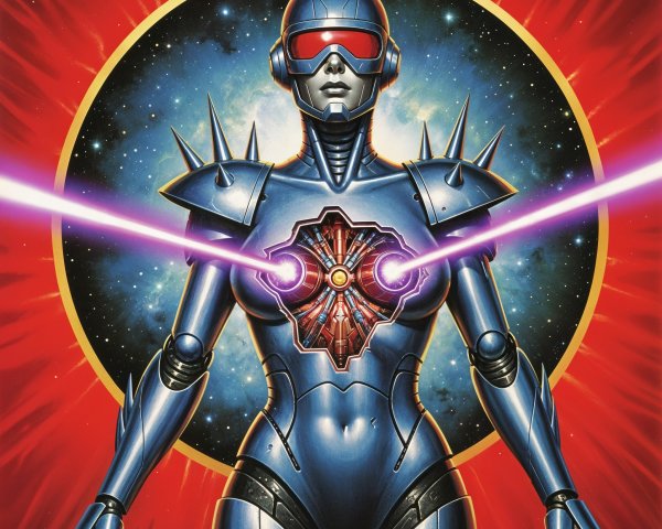 Futuristic female robot in metallic armor with energy core