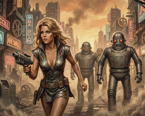 Woman in Futuristic Steampunk Outfit in City Scene