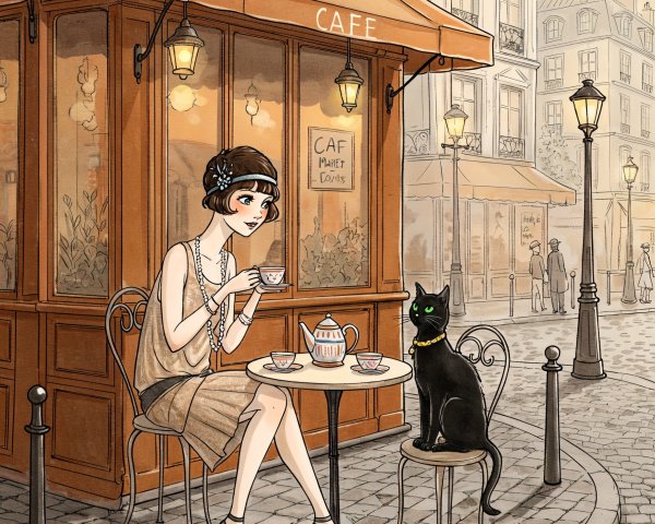 Charming café scene with a woman and a black cat