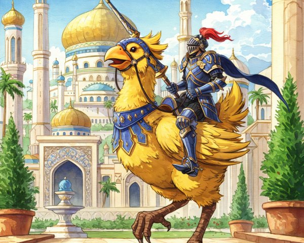 Knight on Chocobo in Fantasy Landscape with Palaces