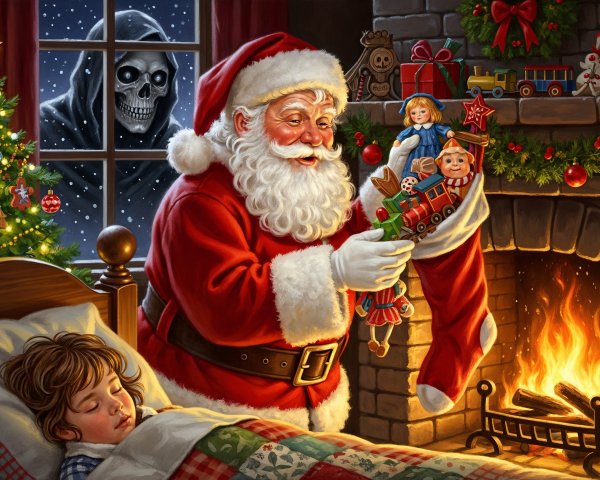 Santa Claus Filling Stocking in Cozy Christmas Room