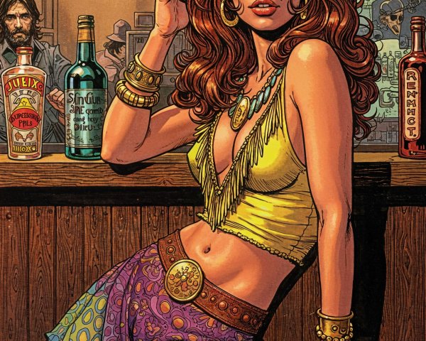Confident Woman at Bar with Red Hair and Vibrant Outfit