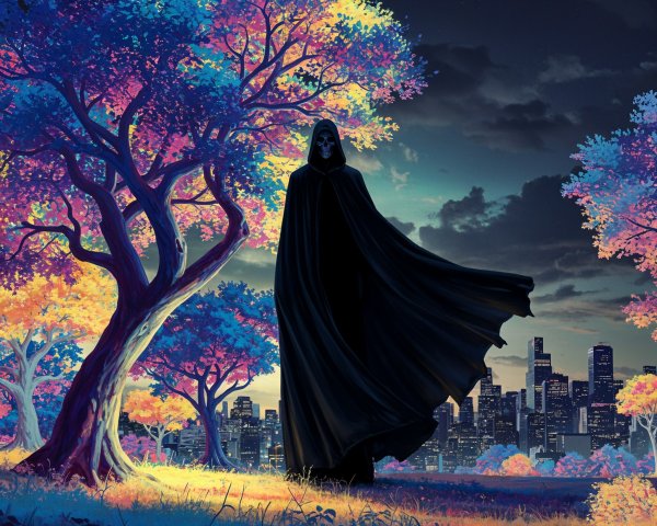 Mysterious Cloaked Figure in Colorful Twilight Foliage