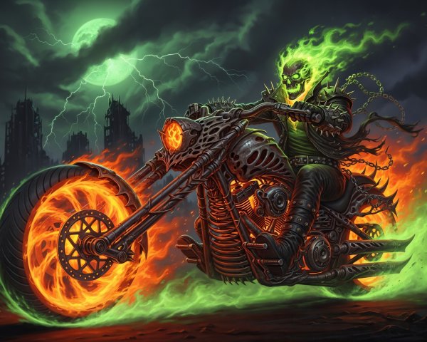 Fiery Spectral Figure on Menacing Motorcycle in Shadows