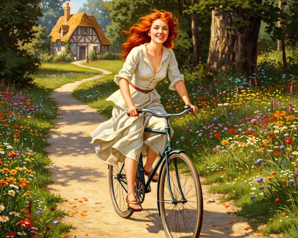 Joyful Woman on Vintage Bicycle in Countryside Scene