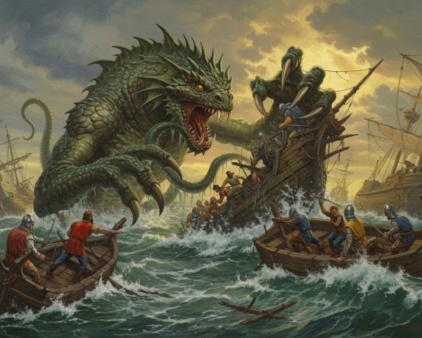 Colossal Sea Monster Emerges Amidst Chaotic Battle