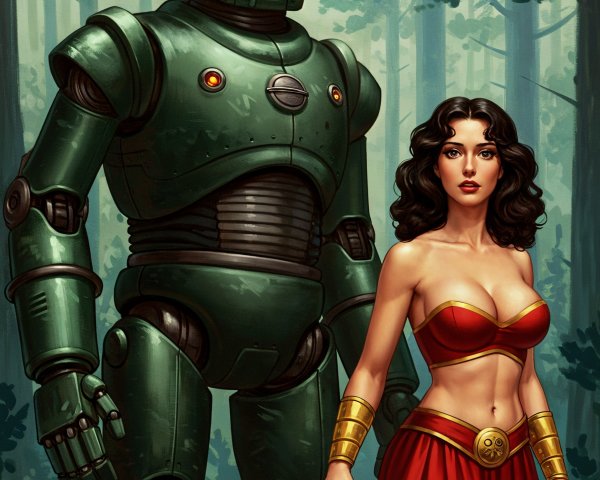 Female Warrior and Vintage Green Robot in Forest