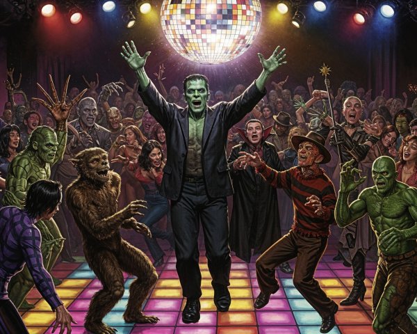 Disco Party with Classic Horror Icons and Colorful Lights