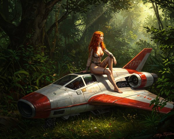 Vintage Spacecraft in Lush Jungle with Red-Haired Woman