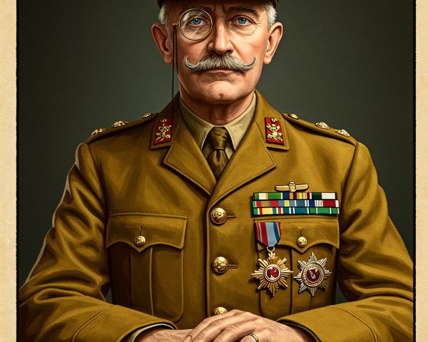 Military Officer in Uniform at Desk with Medals