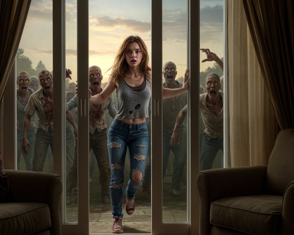Young woman fleeing zombies in a dimly lit room
