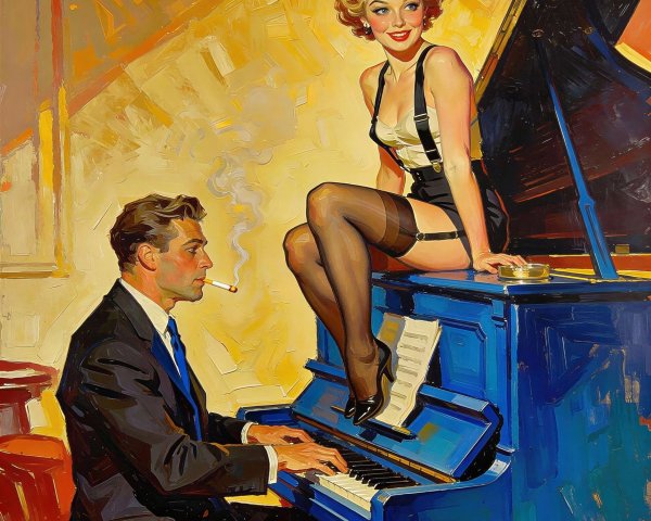 Pinup Art Oil Painting of Man at Grand Piano