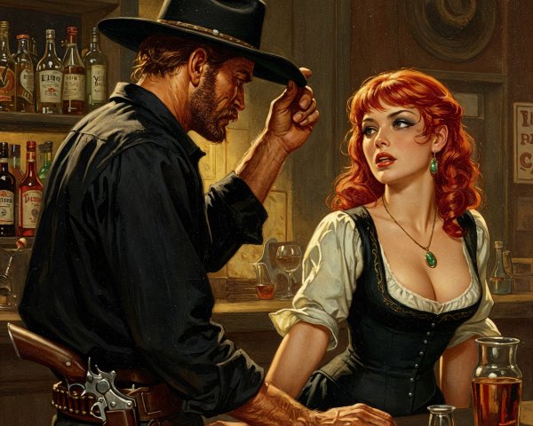 Cowboy and Woman in Rustic Saloon Setting