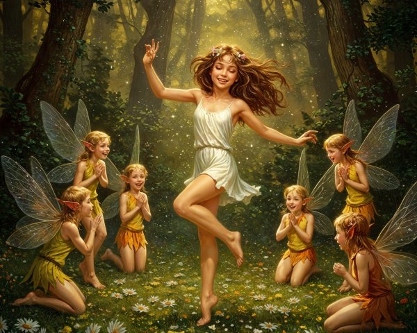 Joyful girl dances with fairies in a magical forest