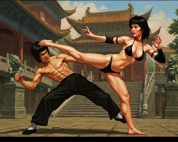 Martial Arts Duel in Ornate Temple Courtyard
