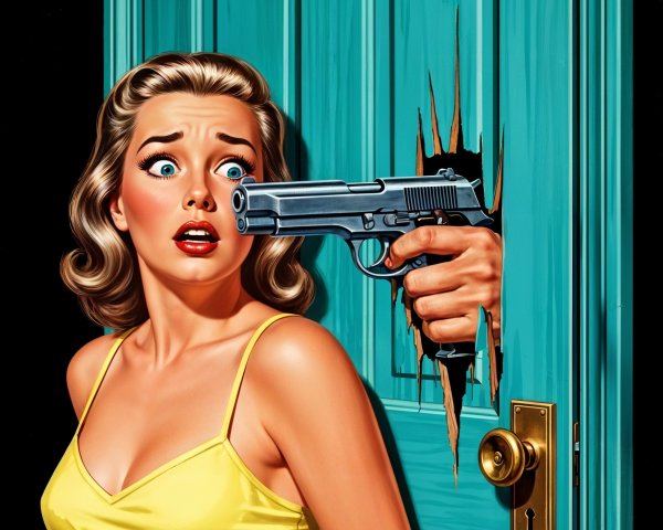 Young Woman in Yellow Dress Faces Gun Threat by Door