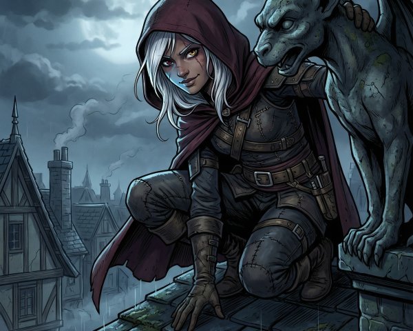 Illustration of a female rogue on a rooftop at night