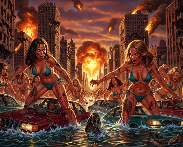 Women in Bikinis Amid Flooded Urban Disaster Scene