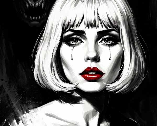 Black and White Illustration of Woman with Skull Presence