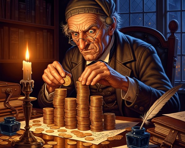 Oil Painting of an Old Man Stacking Gold Coins