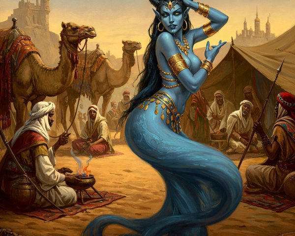 Vibrant Desert Scene with a Mystical Blue Djinn