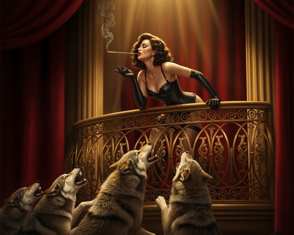 Glamorous Woman in Corset Overlooks Howling Wolves