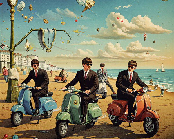 Whimsical Beach Scene with Colorful Scooters and Figures
