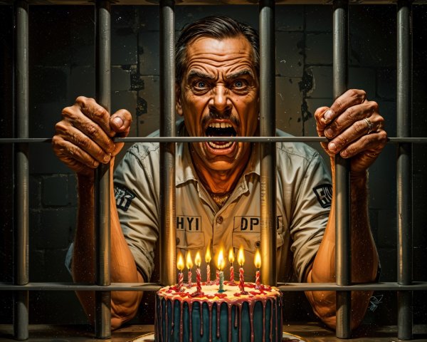 Prison Cell Scene with Man and Birthday Cake