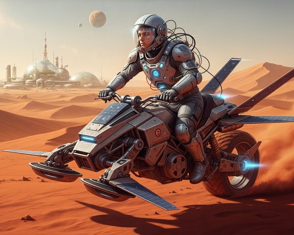 Futuristic Astronaut on High-Tech Hoverbike in Desert
