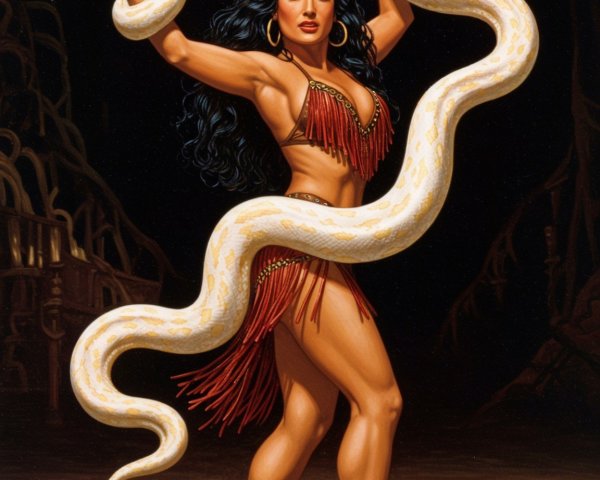 Confident Woman Posing with Snake in Dim Lighting