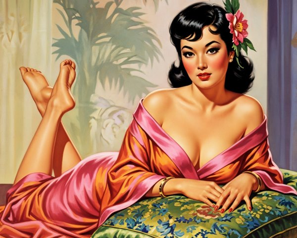 Vibrant Artwork of Glamorous Woman in Tropical Setting