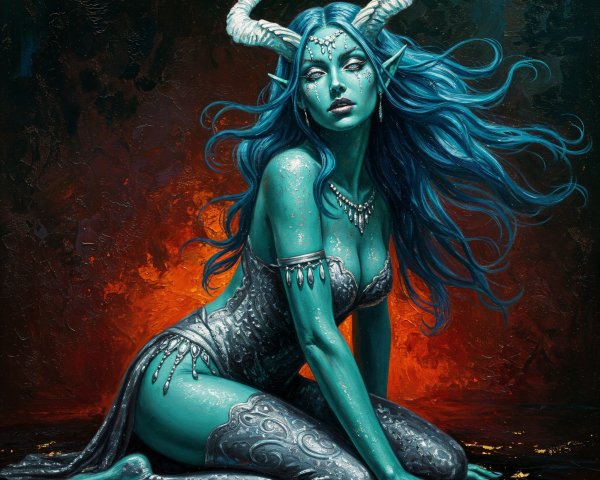 Vibrant Blue Figure with Ethereal Features and Jewelry