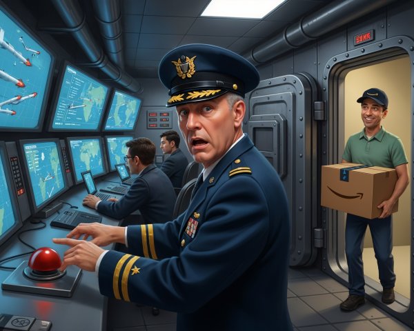 Military Control Room with Delivery Person Present