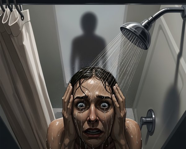 Woman in Shower with Distressed Expression and Tension