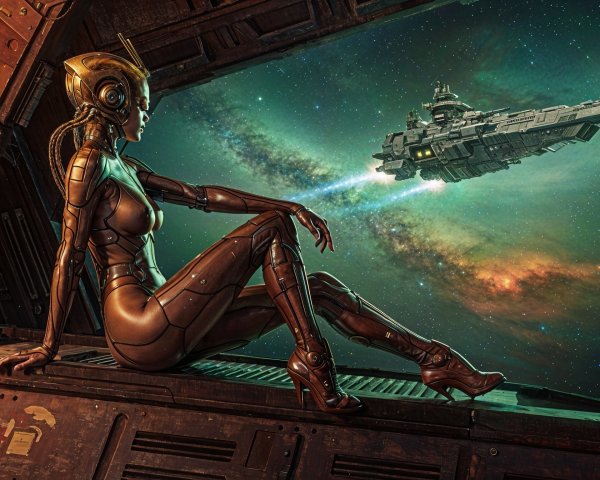 Futuristic Robotic Figure in Cosmic Scene by Window