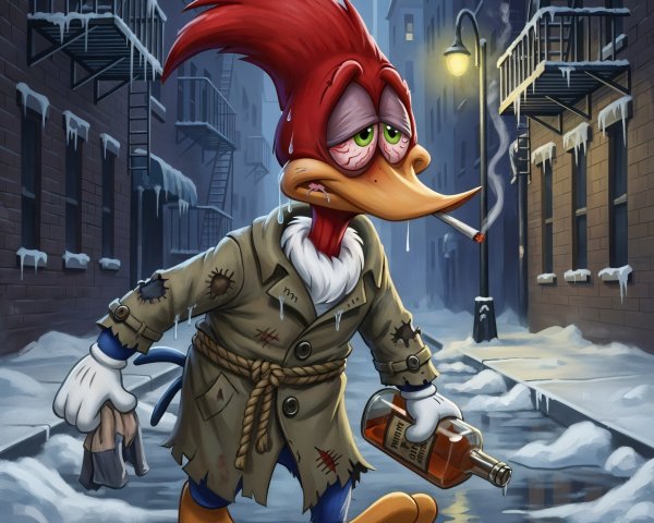 Woodpecker in Snowy Alley with Whiskey and Paper Bag