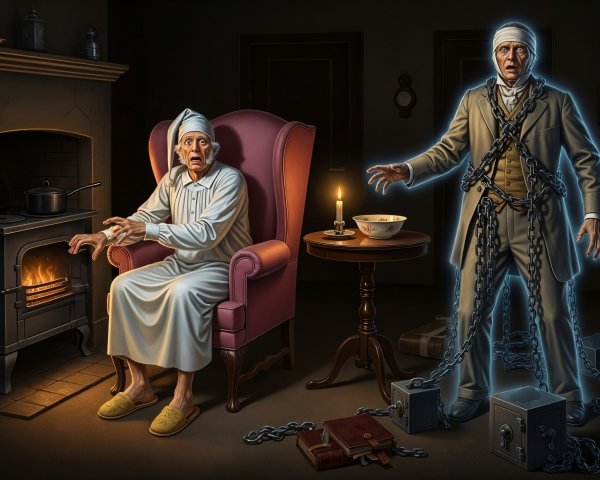 Elderly Man Encounters Ghostly Figure in Dim Room