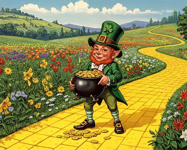 Leprechaun on Golden Path in Colorful Landscape