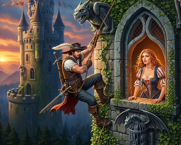 Heroic Figure Climbs Castle Wall at Sunset