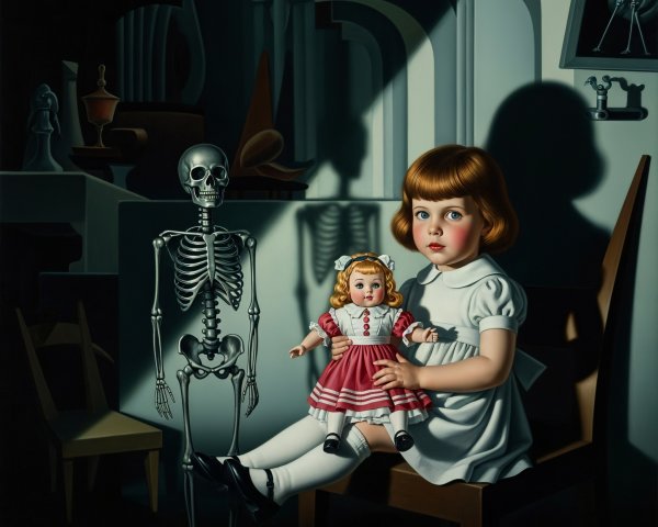 Young Girl with Doll and Anatomical Skeleton in Art