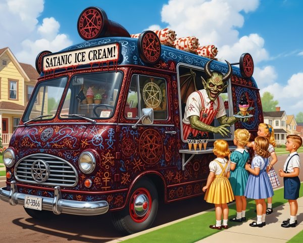 Vintage Ice Cream Truck with Sinister Artwork in Suburbia