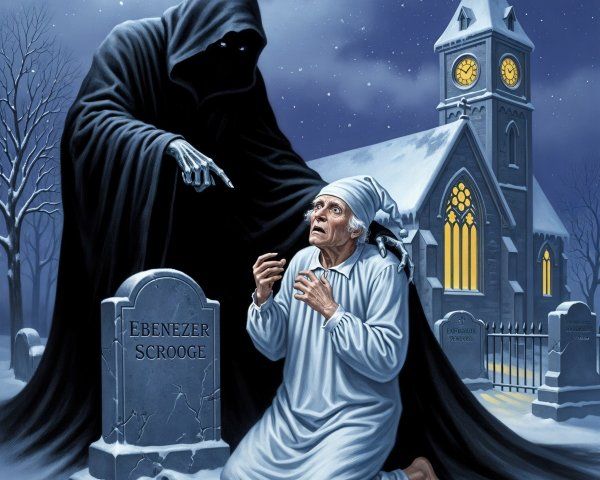 Ghostly Figure in Cloak Points at Old Man in Graveyard