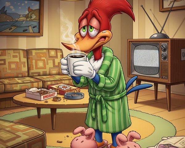 Whimsical Cartoon Character in Cozy Living Room Setting