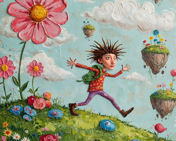 Whimsical Scene of a Girl in a Colorful Landscape