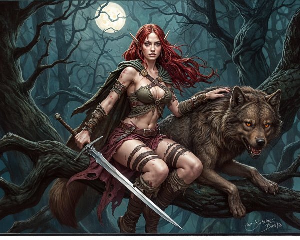 Warrior Woman with Wolf in Enchanted Forest Scene