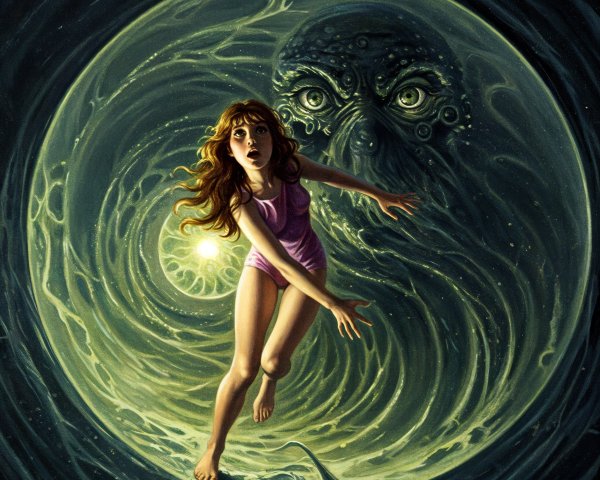 Girl in Purple Dress Amid Dark Vortex and Monster