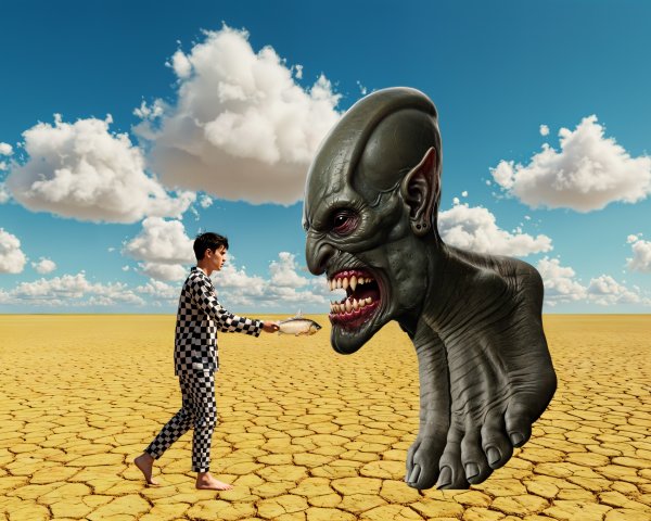 Surreal Landscape with Boy and Menacing Creature