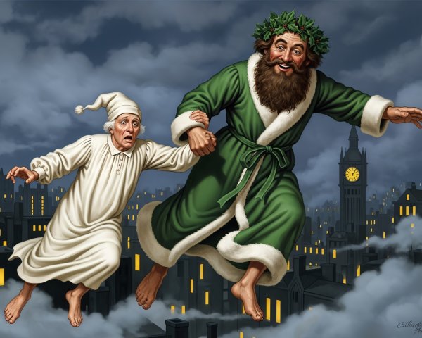 Whimsical Night Sky Scene with Bearded Figure and City