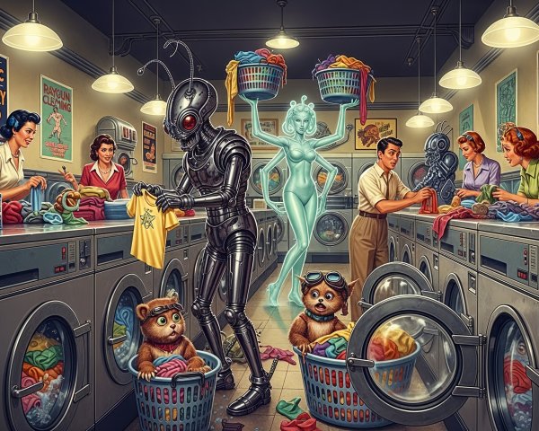 Retro Laundromat Scene with Humanoid Robot and Characters